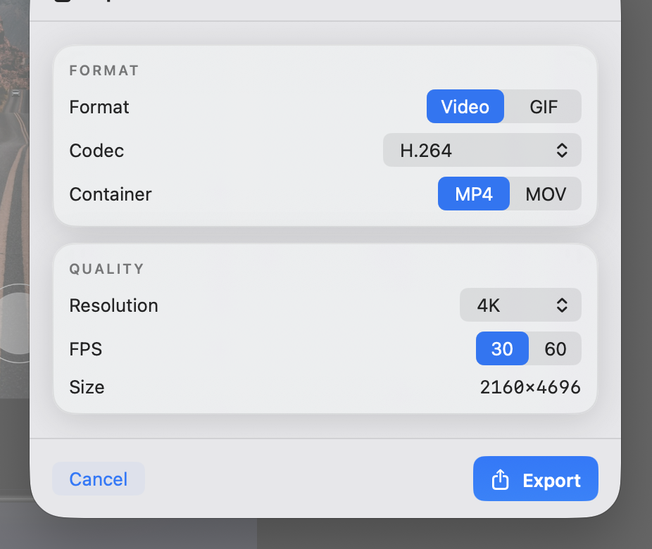 The export dialog set to 4K resolution at 2160×4696